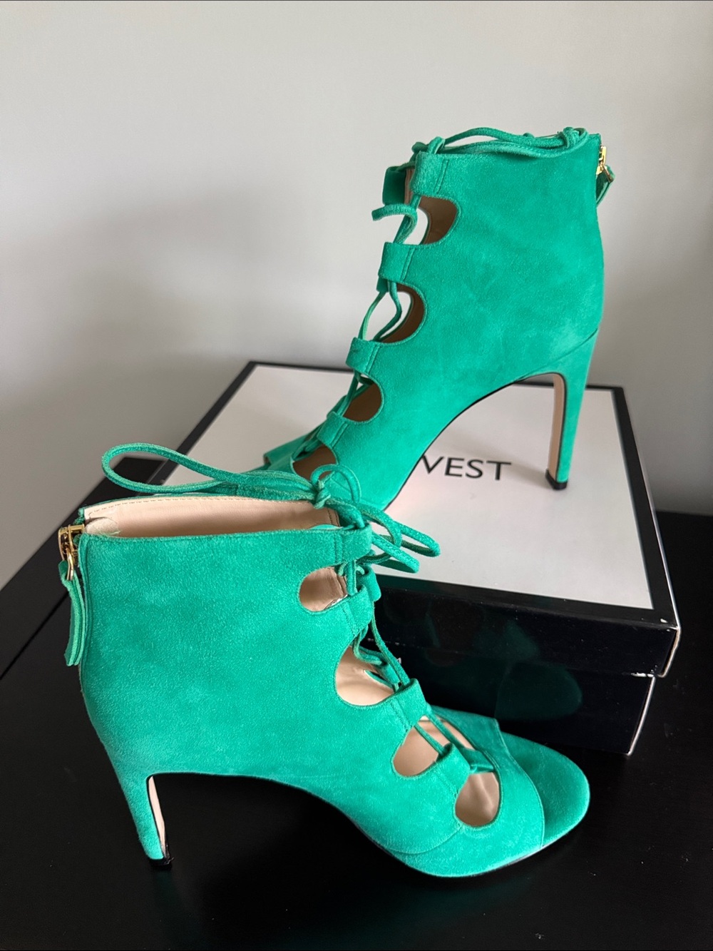 Nine West Teal Green Suede Lace-Up Peep-Toe Ankle Heels - Picture 4 of 5